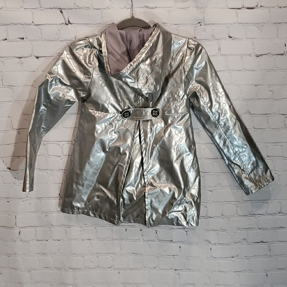 me jane kids girl's silver hooded button front raincoat - Picture 6 of 6